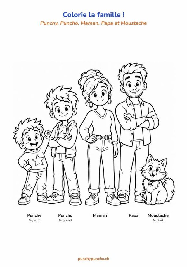 Planche à colorier : Punchy, Puncho, Maman, Papa et Moustache