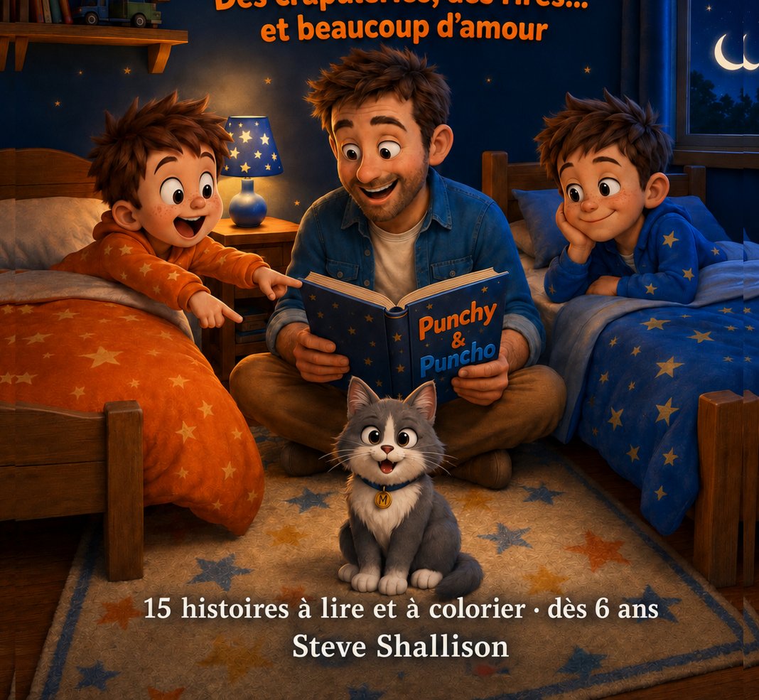 Papa raconte une histoire à Punchy et Puncho dans leur chambre, Moustache le chat au premier plan